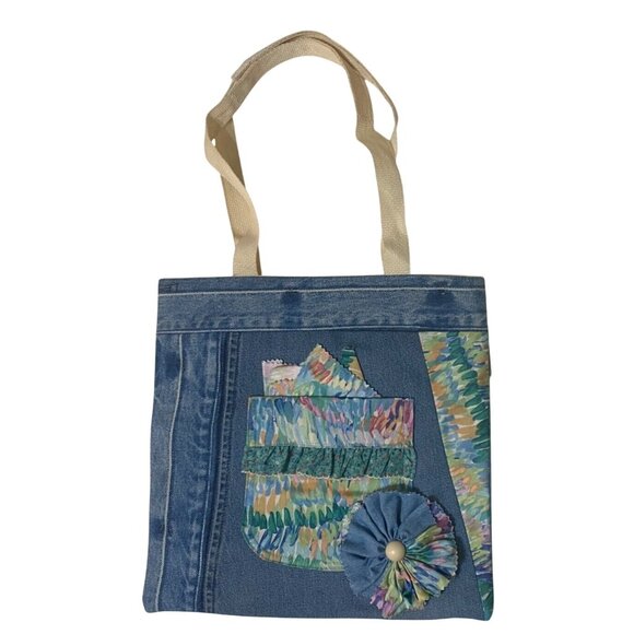 Handmade Denim & Fabric Tote Bag With Floral Appliqué - Picture 1 of 6